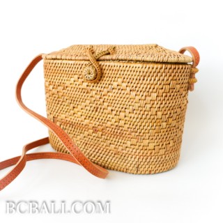 ladies handbag made from ata grass straw leather long  strap bali indonesia